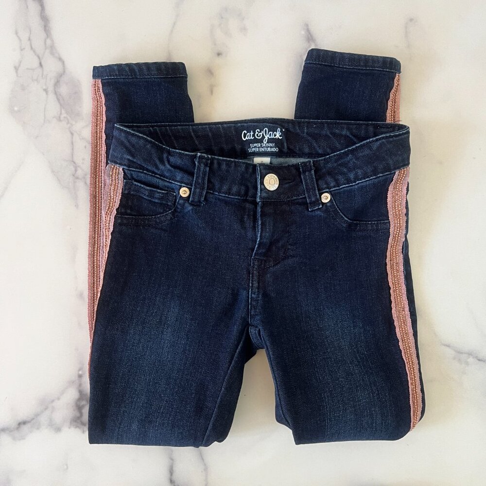 Cat & Jack Super Rose Gold Tuxedo Striped Skinny Jeans, Indigo, Size 7
